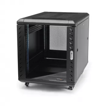 StarTech.com 4-stĺpikový 12U serverový rack, uzamykateľná 19-palcová dátová skriňa pre počítačové/AV/IT zariadenia, kancelársky/domáci sieťový rack s kolieskami a nastaviteľnými montážnymi lištami