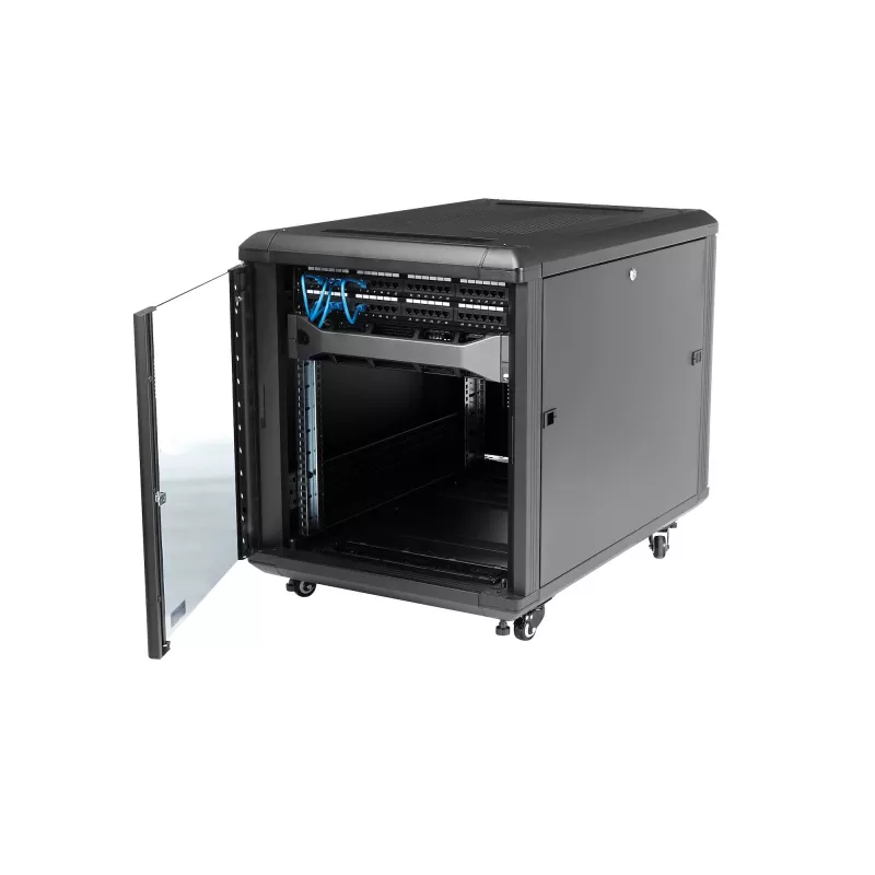 StarTech.com 4-stĺpikový 12U serverový rack, uzamykateľná 19-palcová dátová skriňa pre počítačové/AV/IT zariadenia, kancelársky/domáci sieťový rack s kolieskami a nastaviteľnými montážnymi lištami