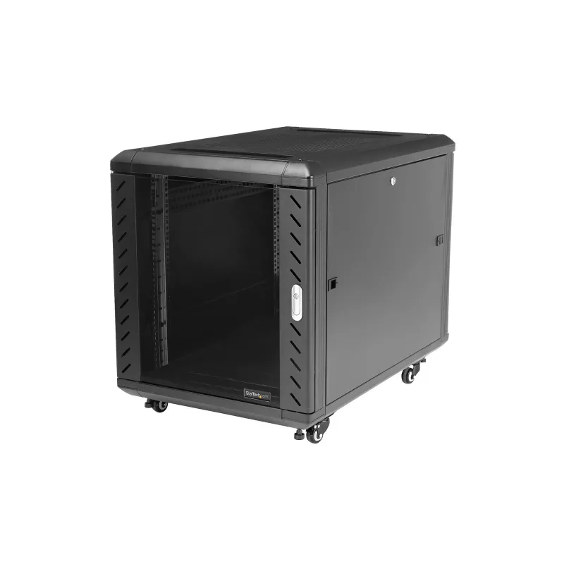 StarTech.com 4-stĺpikový 12U serverový rack, uzamykateľná 19-palcová dátová skriňa pre počítačové/AV/IT zariadenia, kancelársky/domáci sieťový rack s kolieskami a nastaviteľnými montážnymi lištami