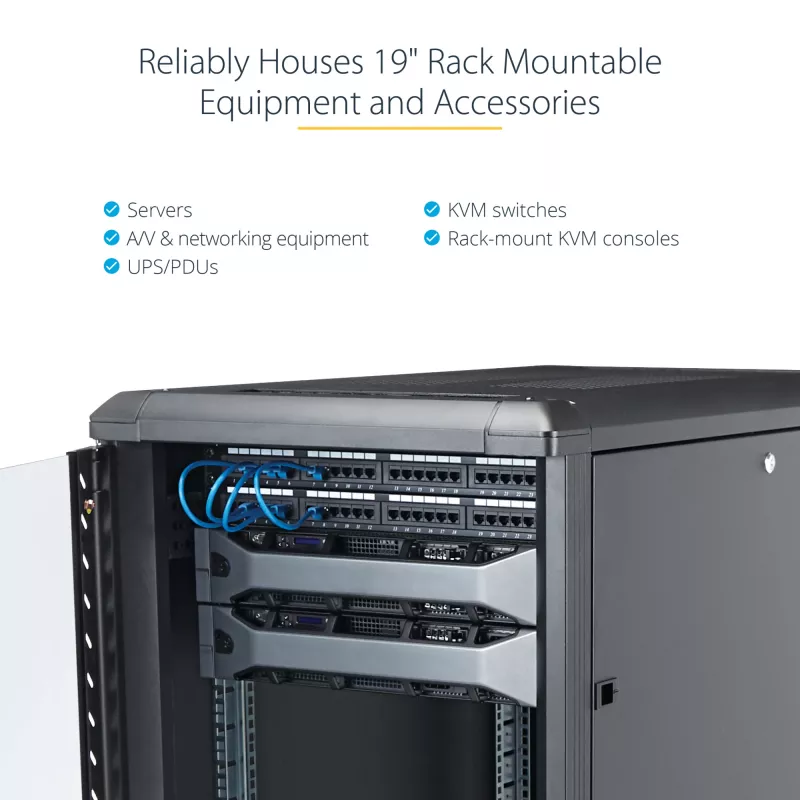 StarTech.com 4-stĺpikový 12U serverový rack, uzamykateľná 19-palcová dátová skriňa pre počítačové/AV/IT zariadenia, kancelársky/domáci sieťový rack s kolieskami a nastaviteľnými montážnymi lištami