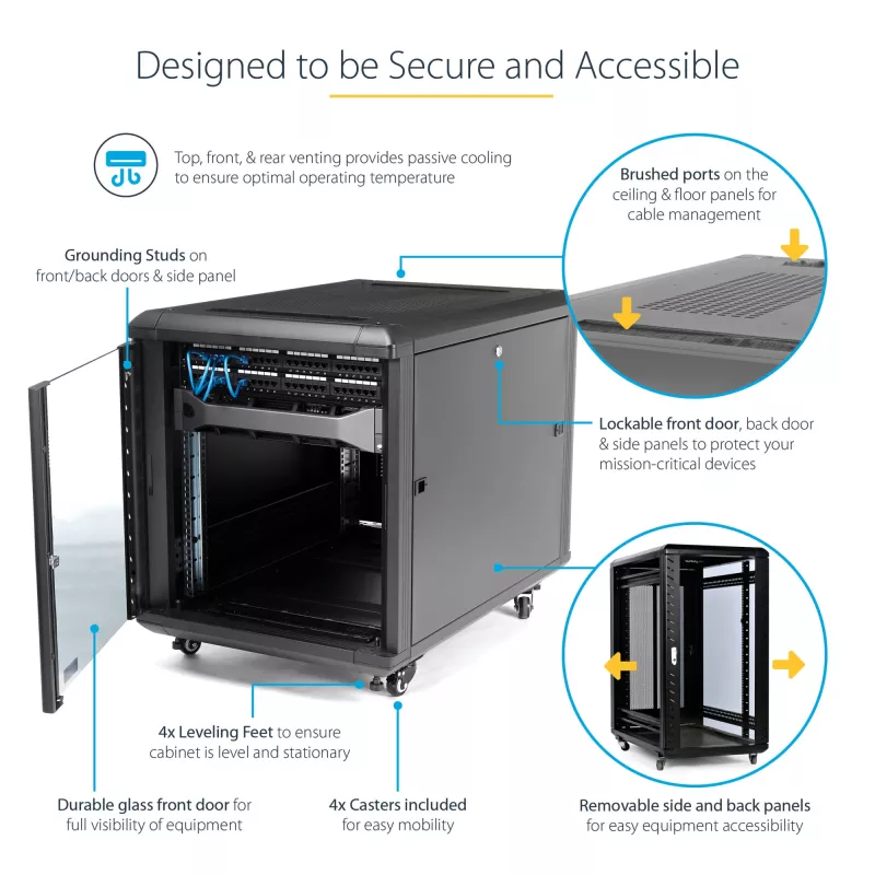 StarTech.com 4-stĺpikový 12U serverový rack, uzamykateľná 19-palcová dátová skriňa pre počítačové/AV/IT zariadenia, kancelársky/domáci sieťový rack s kolieskami a nastaviteľnými montážnymi lištami