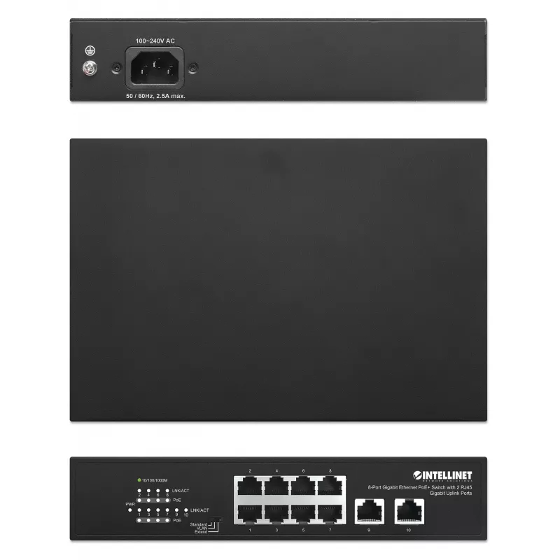 Intellinet 8-port Gigabit Ethernet PoE+ switch 120W 2 uplink porty
