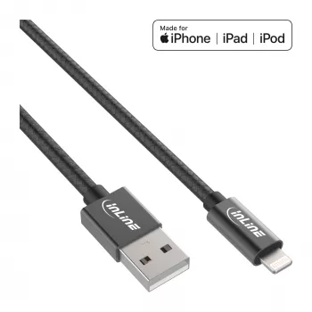 InLine Lightning USB kábel, pre iPad, iPhone, iPod, čierny/alu, 2 m MFi certifikovaný