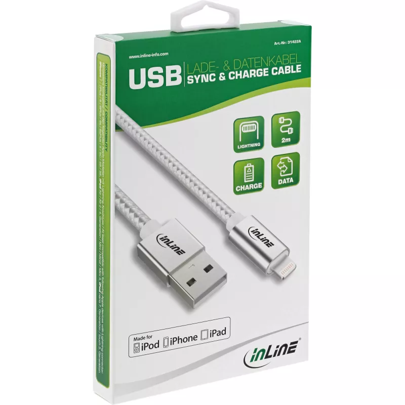 InLine Lightning USB kábel, pre iPad, iPhone, iPod, strieborný/alu 1 m MFi certifikovaný