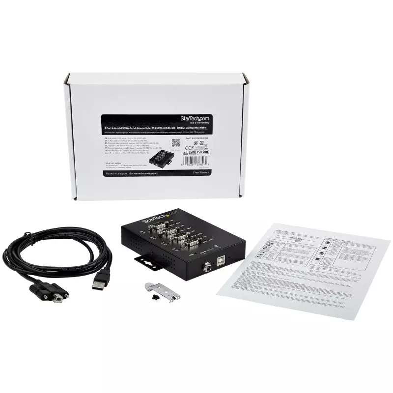 StarTech.com 4-portový sériový hub USB na RS232/RS485/RS422 adaptér - priemyselný USB 2.0 na DB9 sériový konvertor hub - IP30 certifikovaný - na lištu montovateľný sériový kovový hub - 15kV ESD ochrana