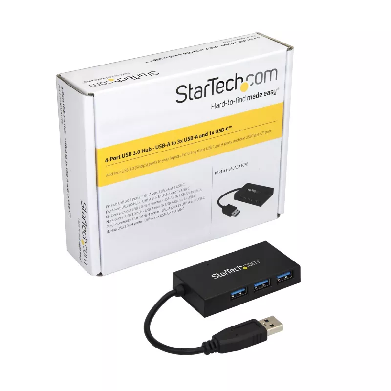 StarTech.com 4-portový USB 3.0 hub - USB Type-A hub s 1x USB-C a 3x USB-A portami (SuperSpeed 5 Gbit/s) - USB napájanie zbernice - USB 3.1 Gen 1 adaptér hub - prenosný USB hub pre notebook