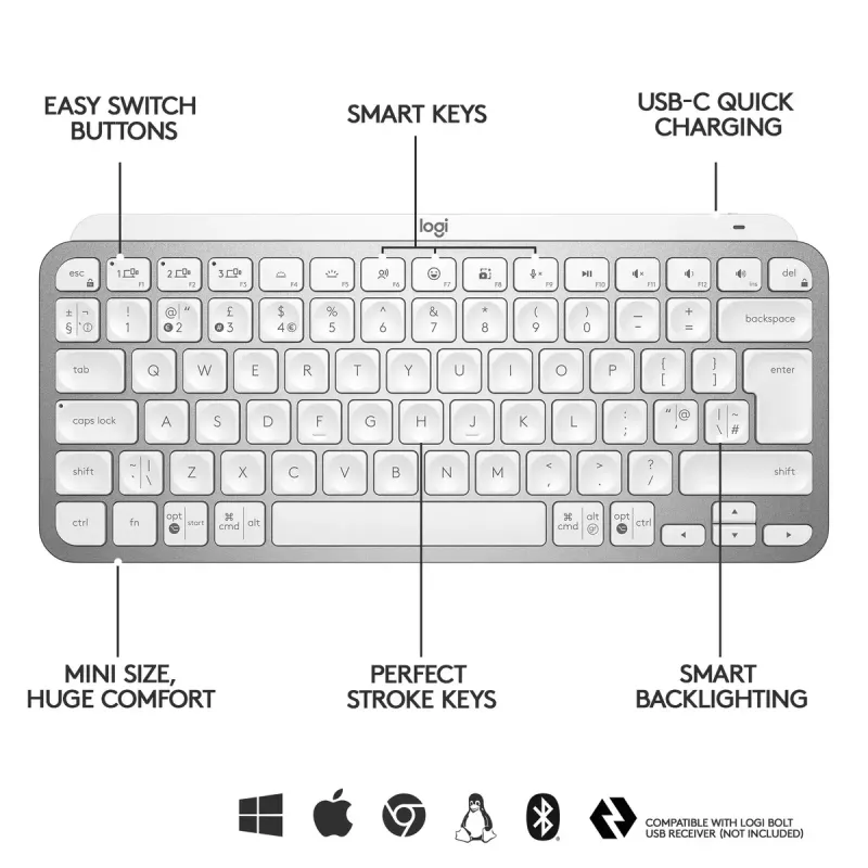 Logitech MX Keys Mini bezdrôtová podsvietená klávesnica Mini QWERTY