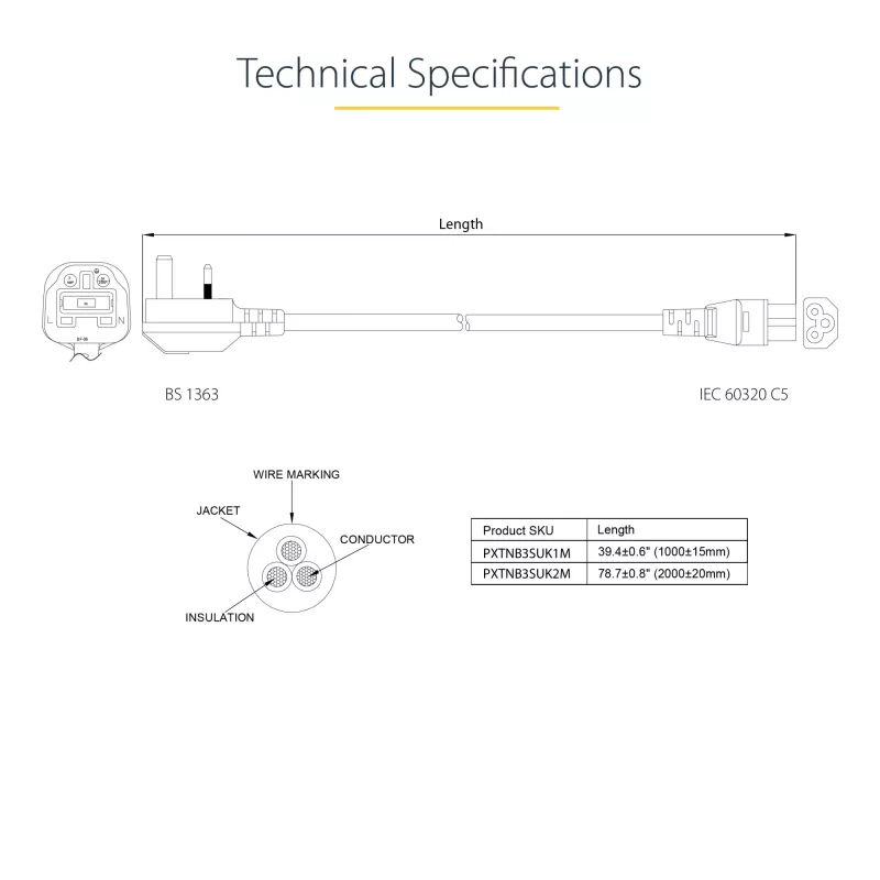 StarTech.com 3ft (1m) UK napájací kábel pre notebook, BS 1363 na C5 (trojlístok), 2,5A 250V, 18AWG, UK náhradný kábel pre notebook, napájací kábel pre tlačiareň, nabíjací kábel pre notebook, napájací kábel pre notebook