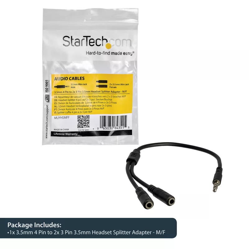 StarTech.com adaptér pre headset so samostatnými konektormi slúchadiel/mikrofónu – 3,5 mm 4-pólový na 2x 3-pólový 3,5 mm konektor samec/samica