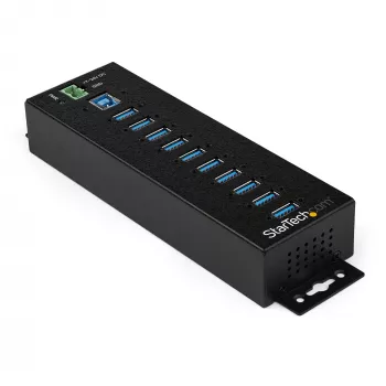 StarTech.com 10-port USB 3.0 hub s napájacím zdrojom – priemyselný USB-A hub z kovu s ESD a 350 W prepäťovou ochranou – montáž na lištu/stenu/stôl – High-Speed USB 3.2 Gen 1 (5 Gbit/s) hub