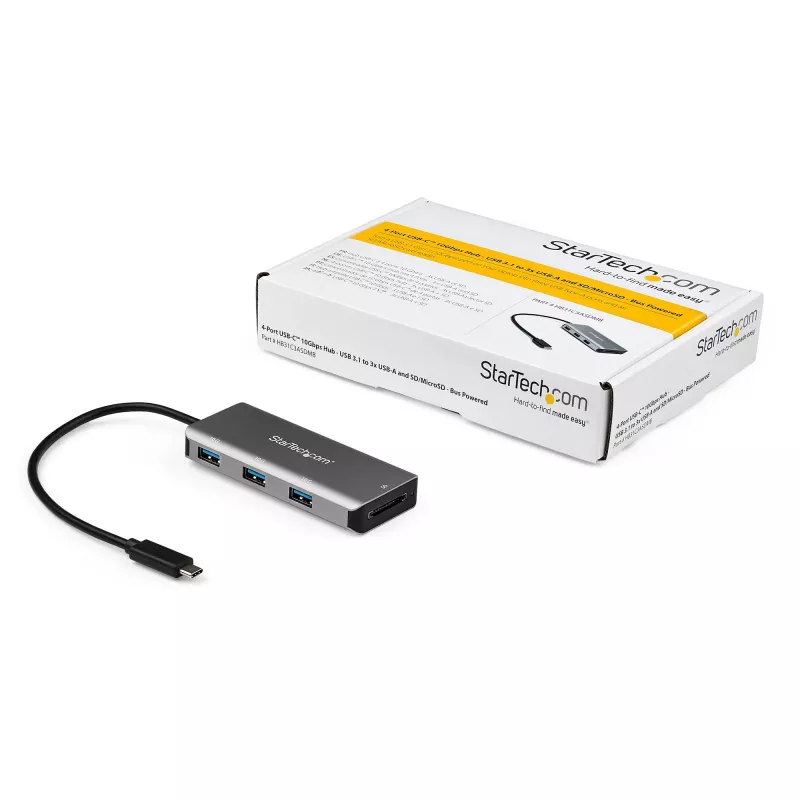 StarTech.com HB31C3ASDMB 3-portový USB-C hub s čítačkou kariet SD, 3x USB-A, 10 Gbps, USB 3.1, napájaný zo zbernice, kábel 25 cm, kompatibilný s Thunderbolt 3
