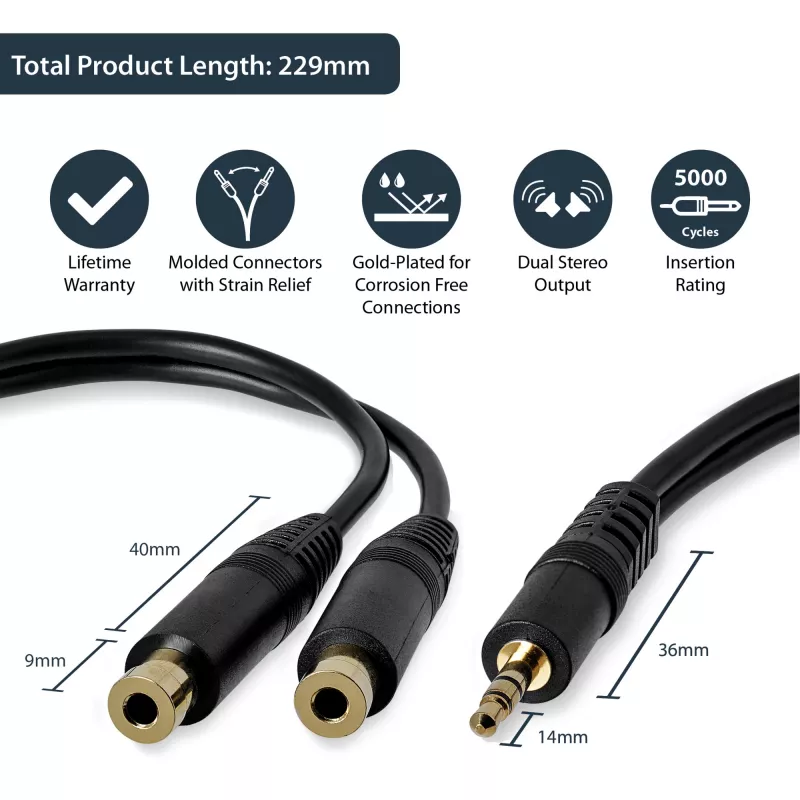 StarTech.com 15 cm stereo rozbočovací kábel – 3,5 mm konektor samec na 2x 3,5 mm konektor samica