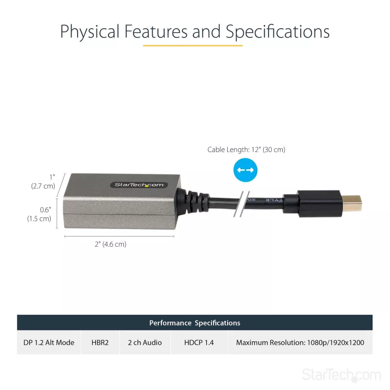 StarTech.com Mini DisplayPort na HDMI adaptér - mDP na HDMI adaptér dongle - 1080p - Mini DisplayPort 1.2 na HDMI monitor/display - Mini DP na HDMI video konvertor - 30 cm dlhý pripojený kábel - aktualizovaná verzia MDP2HDMI