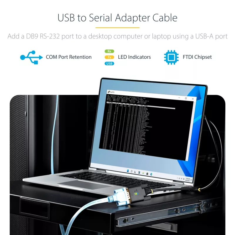 StarTech.com 3 m USB na sériový adaptérový kábel, zachovanie COM, vymeniteľné skrutky/matice, USB-A na DB9 RS232, FTDI IC, ESD ochrana, Windows/macOS/Linux