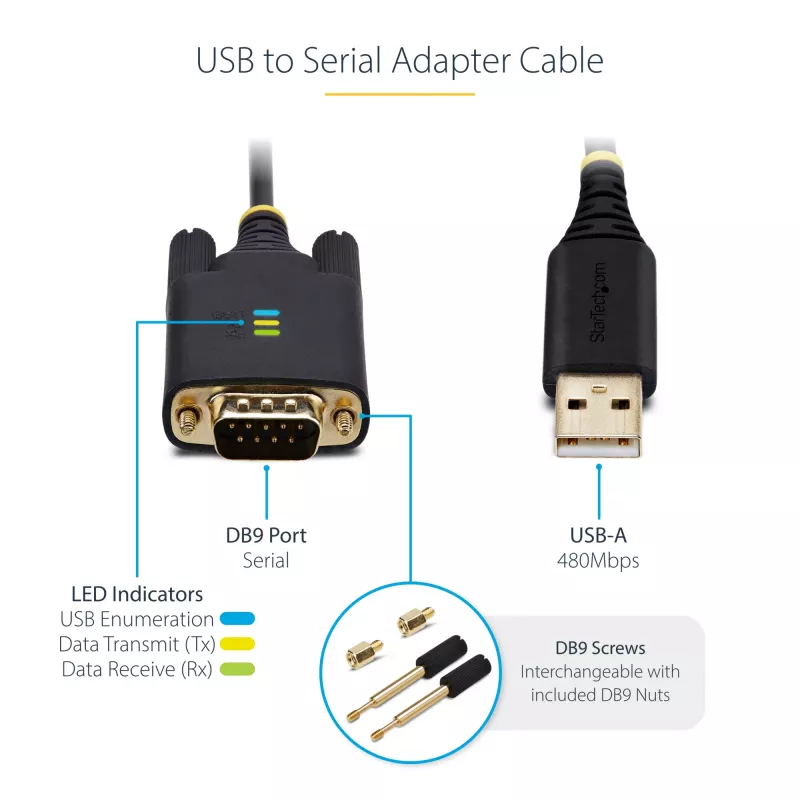 StarTech.com 3 m USB na sériový adaptérový kábel, zachovanie COM, vymeniteľné skrutky/matice, USB-A na DB9 RS232, FTDI IC, ESD ochrana, Windows/macOS/Linux
