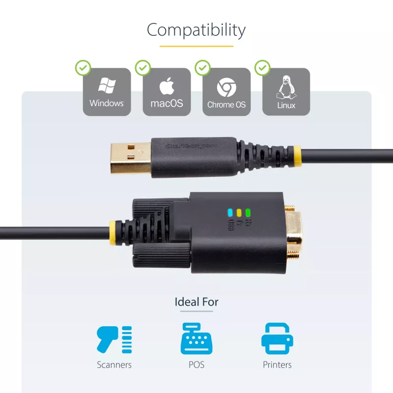StarTech.com 3 m USB na sériový adaptérový kábel, zachovanie COM, vymeniteľné skrutky/matice, USB-A na DB9 RS232, FTDI IC, ESD ochrana, Windows/macOS/Linux