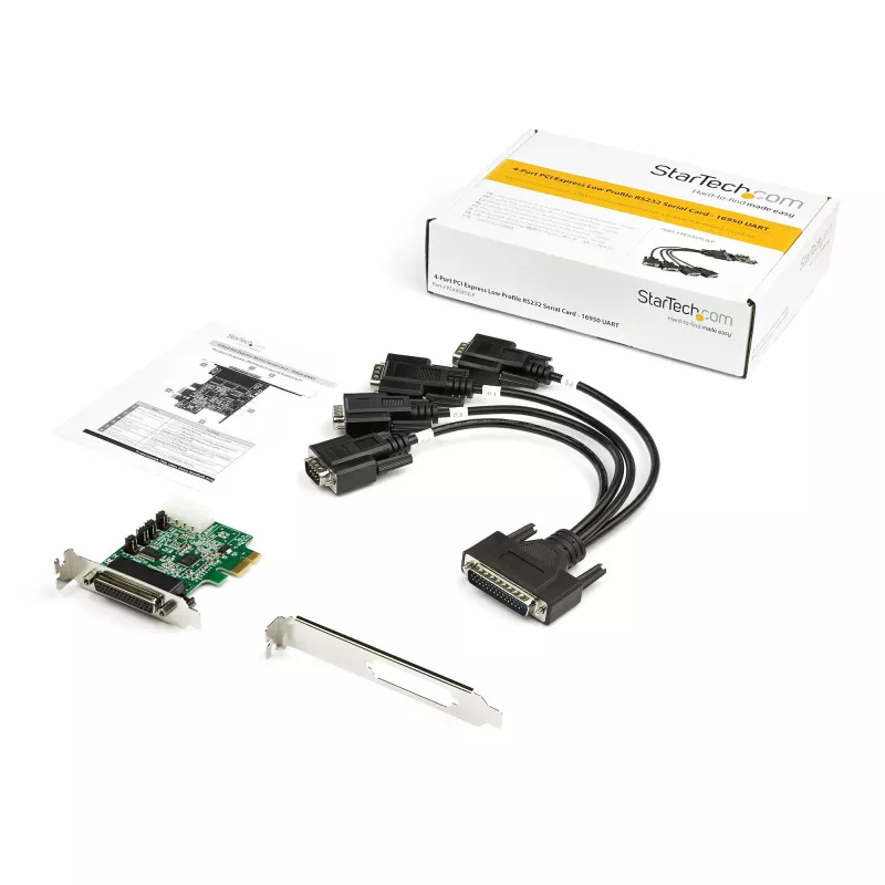 StarTech.com 4-port PCI Express RS232 sériová adaptérová karta – PCIe RS232 Serial Host Controller Card – PCIe na sériový DB9 – 16950 UART – Low-Profile rozširujúca karta – Windows/Linux – TAA