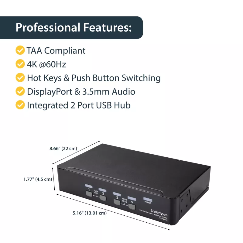 StarTech.com 4-port DisplayPort KVM switch – 4K 60 Hz – jednoduchý monitor – Dual-Port UHD DP 1.2 USB KVM switch s integrovaným USB-2.0 hubom a audio – Dell, HP, Apple, Lenovo – TAA-kompatibilný