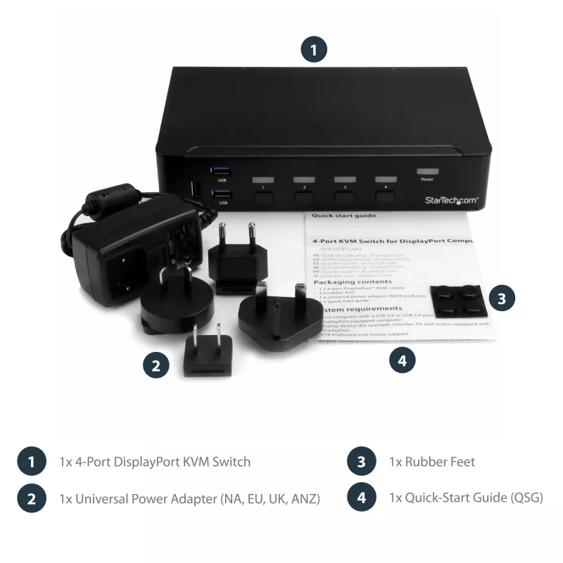 StarTech.com 4-port DisplayPort KVM switch – 4K 60 Hz – jednoduchý monitor – Dual-Port UHD DP 1.2 USB KVM switch s integrovaným USB-2.0 hubom a audio – Dell, HP, Apple, Lenovo – TAA-kompatibilný