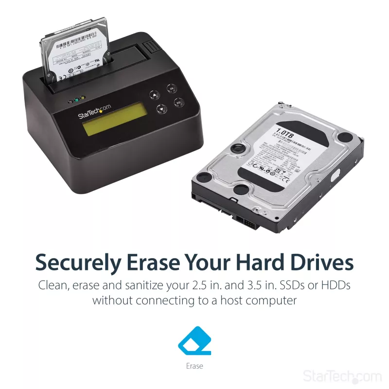StarTech.com Single Bay diskový čistič, standalone HDD/SSD Sanitizer, USB 3.0 na SATA II (3 Gbit/s), 9 režimov vymazania, LCD displej, bezpečné vymazanie diskov Sanitizer Dock, DB-9 tlačiarňový port, TAA-kompatibilný