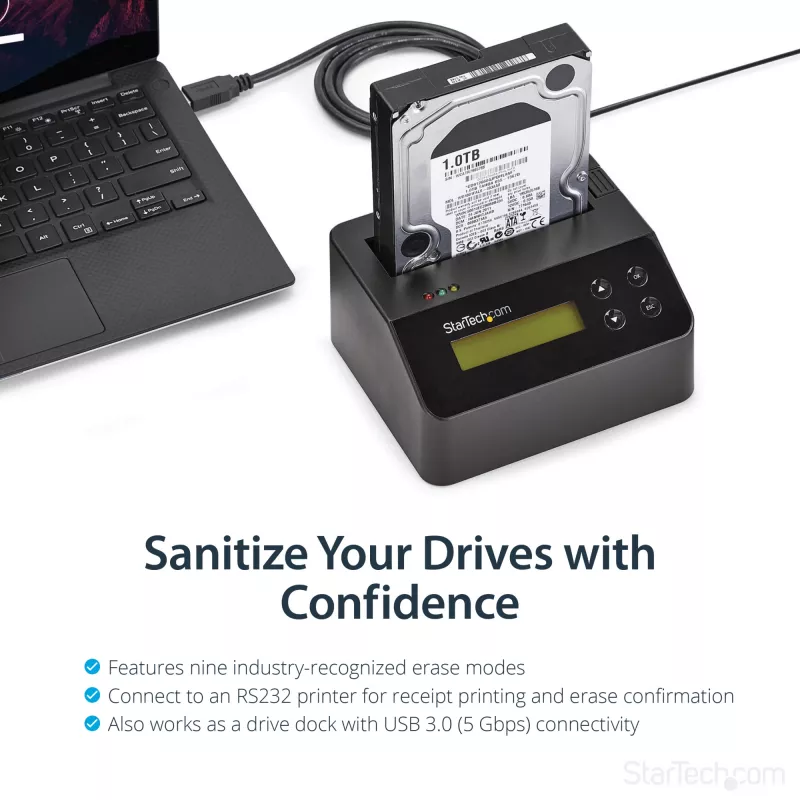StarTech.com Single Bay diskový čistič, standalone HDD/SSD Sanitizer, USB 3.0 na SATA II (3 Gbit/s), 9 režimov vymazania, LCD displej, bezpečné vymazanie diskov Sanitizer Dock, DB-9 tlačiarňový port, TAA-kompatibilný