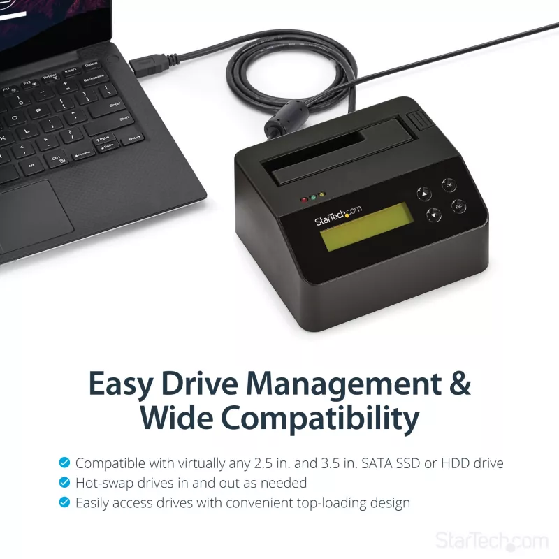 StarTech.com Single Bay diskový čistič, standalone HDD/SSD Sanitizer, USB 3.0 na SATA II (3 Gbit/s), 9 režimov vymazania, LCD displej, bezpečné vymazanie diskov Sanitizer Dock, DB-9 tlačiarňový port, TAA-kompatibilný