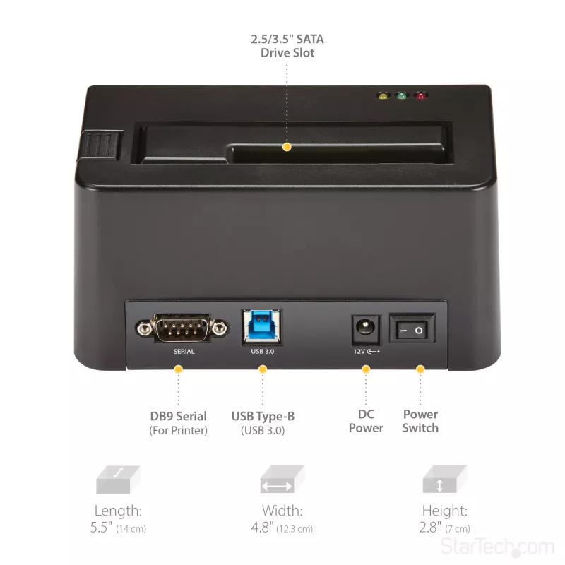 StarTech.com Single Bay diskový čistič, standalone HDD/SSD Sanitizer, USB 3.0 na SATA II (3 Gbit/s), 9 režimov vymazania, LCD displej, bezpečné vymazanie diskov Sanitizer Dock, DB-9 tlačiarňový port, TAA-kompatibilný