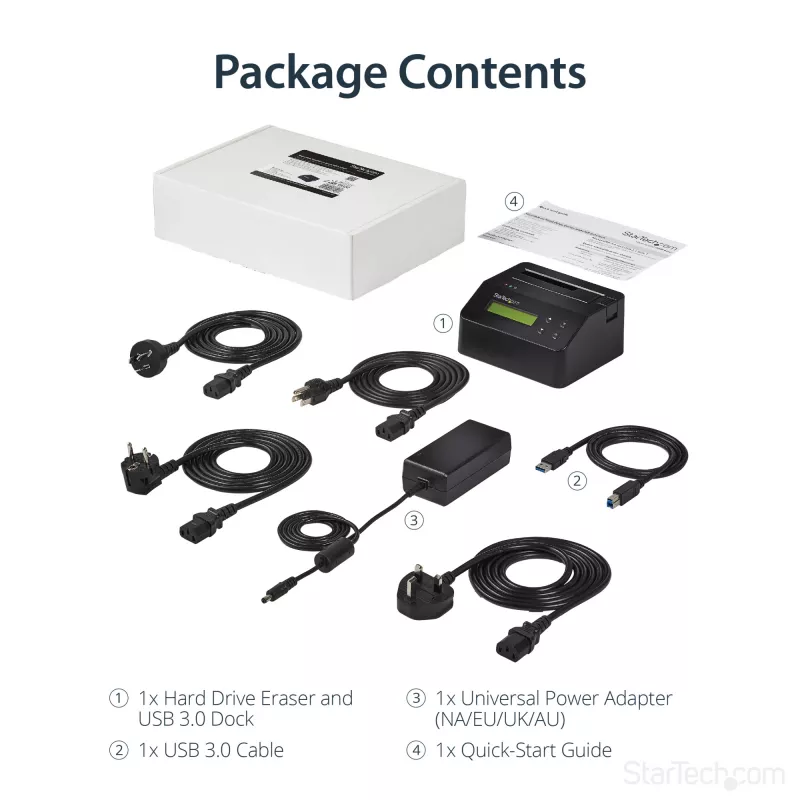 StarTech.com Single Bay diskový čistič, standalone HDD/SSD Sanitizer, USB 3.0 na SATA II (3 Gbit/s), 9 režimov vymazania, LCD displej, bezpečné vymazanie diskov Sanitizer Dock, DB-9 tlačiarňový port, TAA-kompatibilný