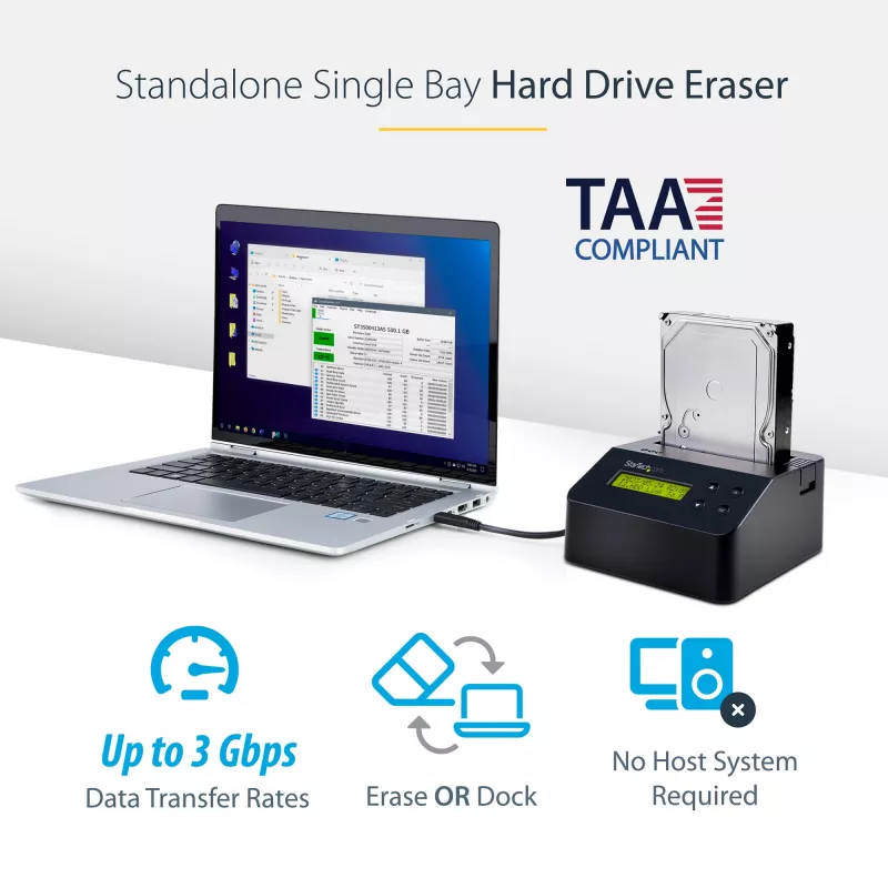StarTech.com Single Bay diskový čistič, standalone HDD/SSD Sanitizer, USB 3.0 na SATA II (3 Gbit/s), 9 režimov vymazania, LCD displej, bezpečné vymazanie diskov Sanitizer Dock, DB-9 tlačiarňový port, TAA-kompatibilný