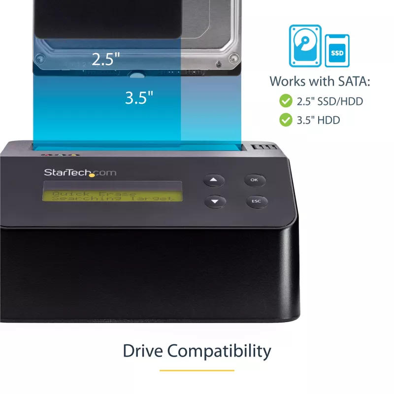 StarTech.com Single Bay diskový čistič, standalone HDD/SSD Sanitizer, USB 3.0 na SATA II (3 Gbit/s), 9 režimov vymazania, LCD displej, bezpečné vymazanie diskov Sanitizer Dock, DB-9 tlačiarňový port, TAA-kompatibilný