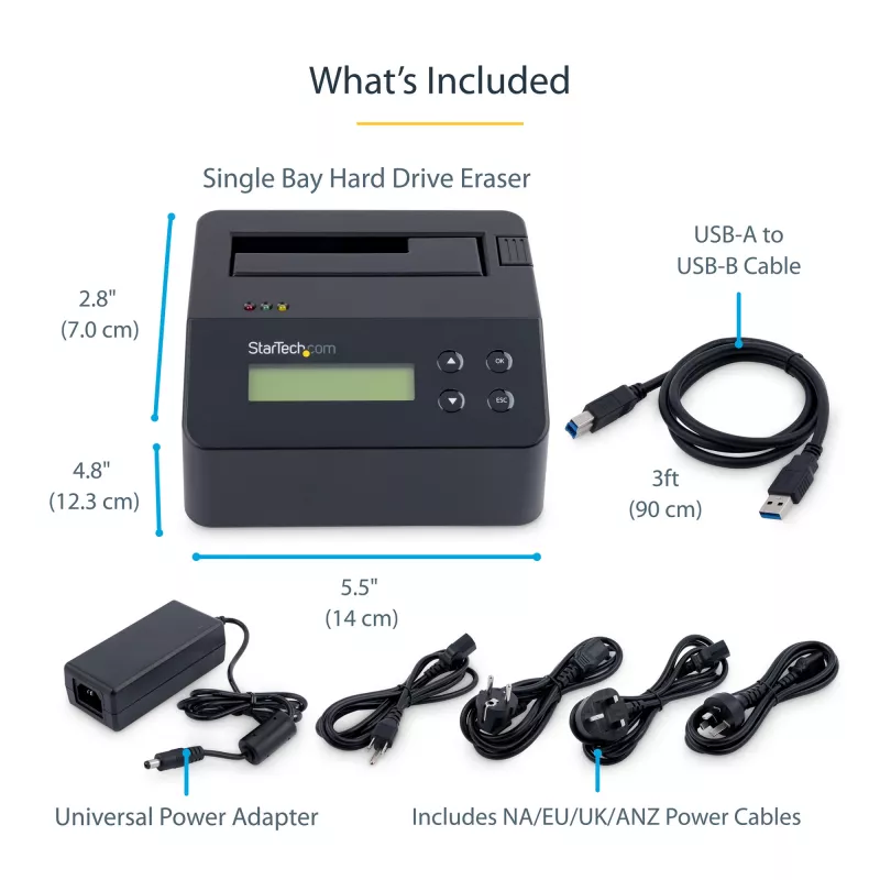 StarTech.com Single Bay diskový čistič, standalone HDD/SSD Sanitizer, USB 3.0 na SATA II (3 Gbit/s), 9 režimov vymazania, LCD displej, bezpečné vymazanie diskov Sanitizer Dock, DB-9 tlačiarňový port, TAA-kompatibilný