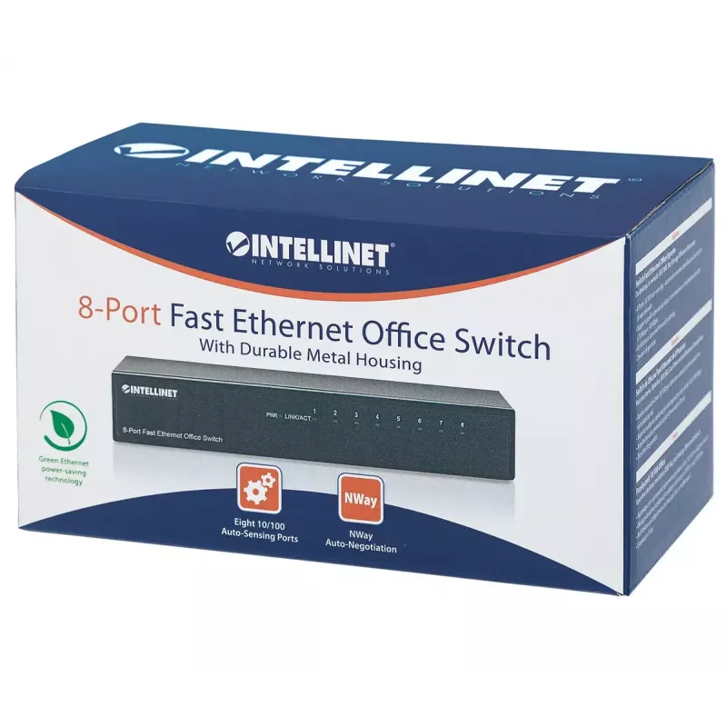 Intellinet 8-port Fast Ethernet Office switch, veľkosť na stôl, kov, IEEE 802.3az (energeticky efektívny Ethernet), Box
