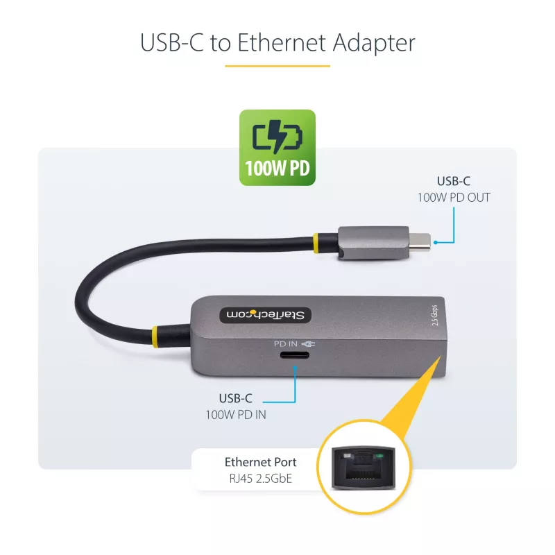 StarTech.com 2.5GbE USB-C na Ethernet adaptér, 100W PD Passthrough, NBASE-T NIC, USB 3.0 Type-C 2.5/1G Multi-Speed sieťový, Thunderbolt kompatibilný, Windows & Mac