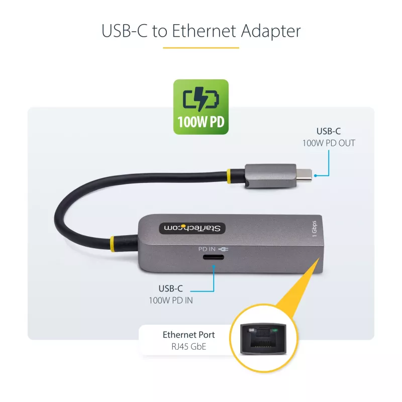 StarTech.com USB-C na Ethernet adaptér, NIC, 100W PD priechod, USB 3.0 Type-C 1 Gbit/s Multi-Speed sieťový adaptér, Thunderbolt kompatibilný, Windows & Mac