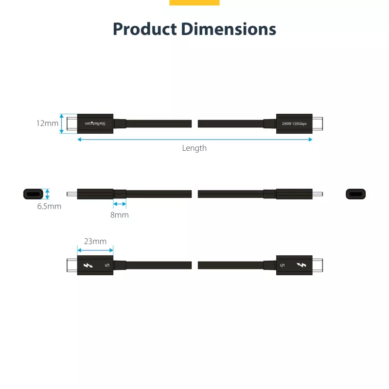 StarTech.com 2.6ft (80cm) Thunderbolt 5 kábel, 80 Gbit/s/ až do 120 Gbit/s, 240 W PD, 8K 60 Hz, certifikovaný Thunderbolt kábel – kompatibilný s Thunderbolt 4/USB4/USB-C