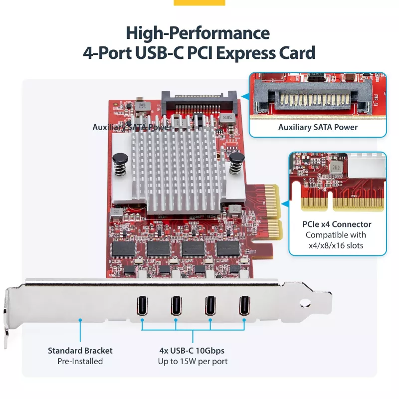 StarTech.com 4-portová USB Type-C PCIe karta, USB 3.2 10Gbps, USB-C PCI Express rozširujúca karta, 4x nezávislé USB kontroléry, Windows/Linux/macOS, TAA-konformný