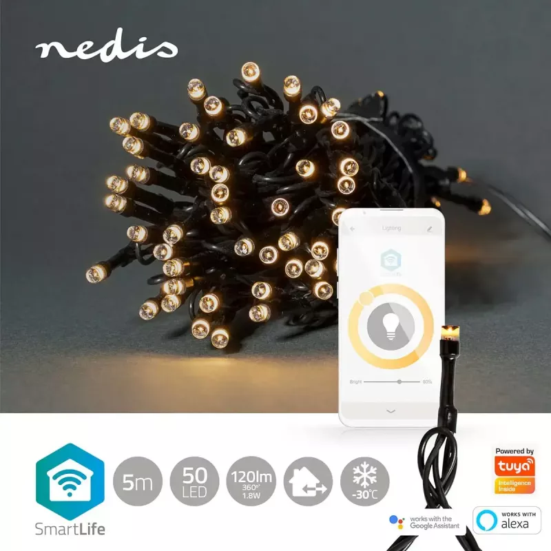 Nedis WIFILX01W50 SmartLife vianočná svetelná reťaz Wi-Fi 5 m, biela