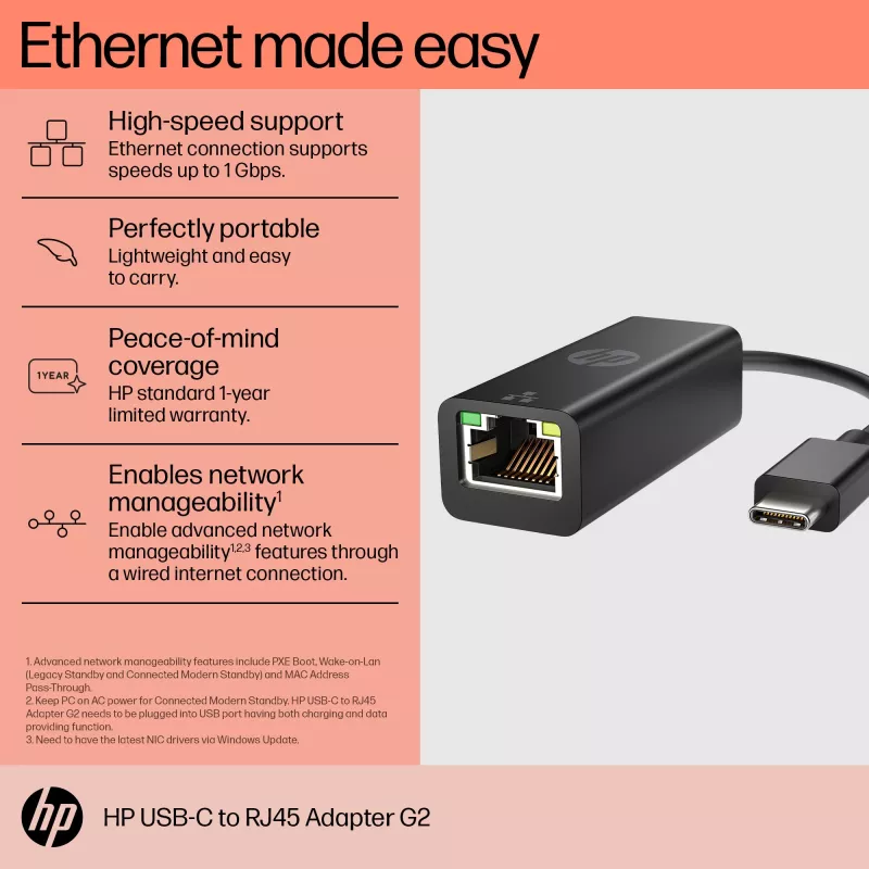 HP USB-C na RJ45 adaptér G2, káblový, USB Type-C, čierny, Čína, domov, Windows 10, Windows 11