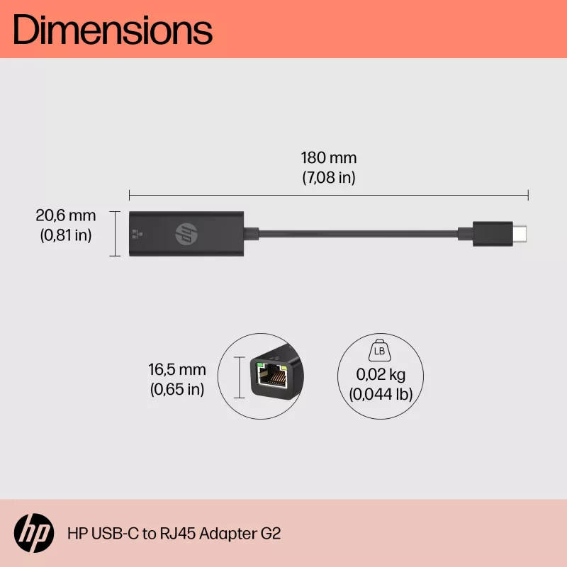 HP USB-C na RJ45 adaptér G2, káblový, USB Type-C, čierny, Čína, domov, Windows 10, Windows 11