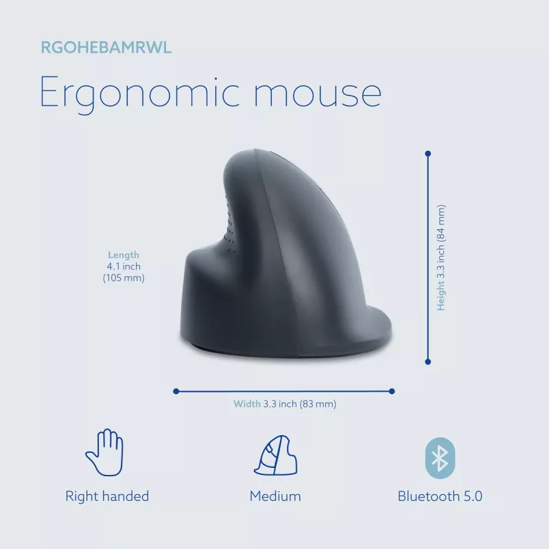 R-Go Tools vertikálna myš R-Go HE Basic, ergonomická myš, stredne veľká (veľkosť ruky ≥ 185 mm), pravoruká, Bluetooth, sivá