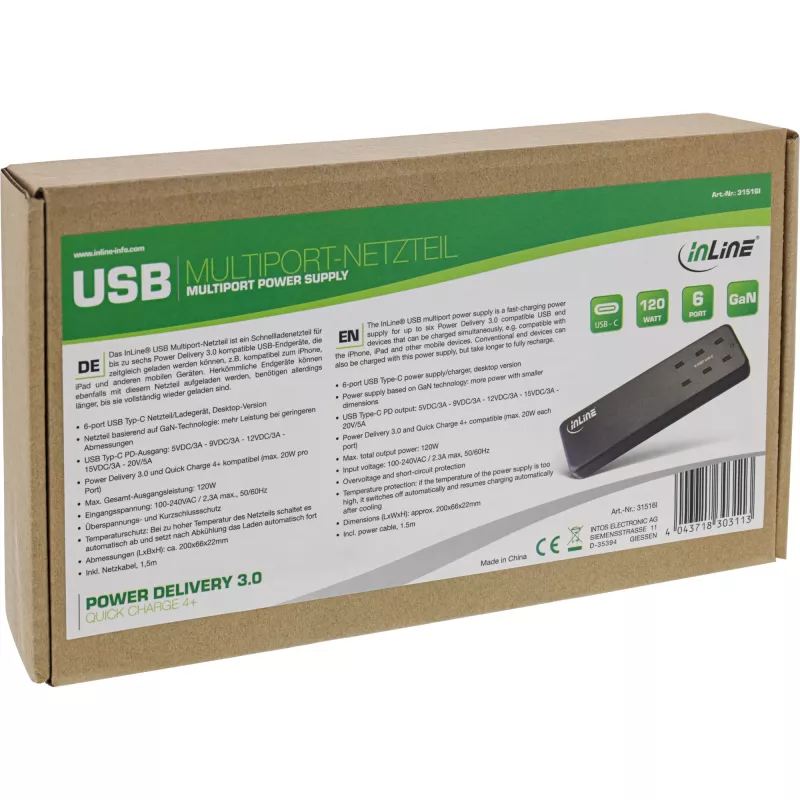 InLine multiportový napájací zdroj, nabíjačka, 6x USB-C, PD 3.0, GaN, čierna