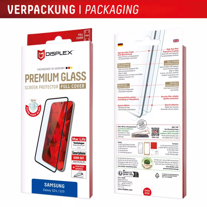 Displex Full Cover Screen Protector (10H) pre Samsung Galaxy S24/S25, Eco-Montagerahmen, plné prekrytie