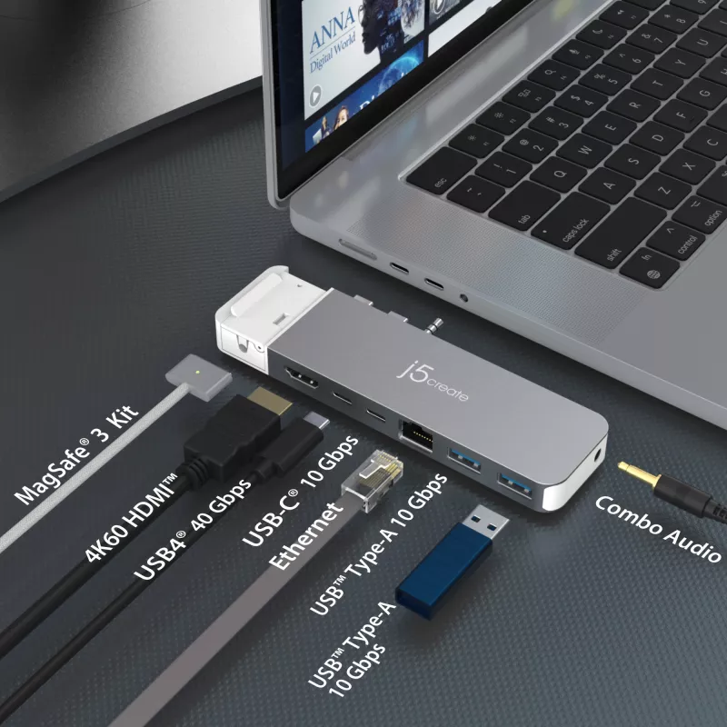 USB Hub j5create JCD395 4K60 Elite Pro káblový USB4 s MagSafe Kit