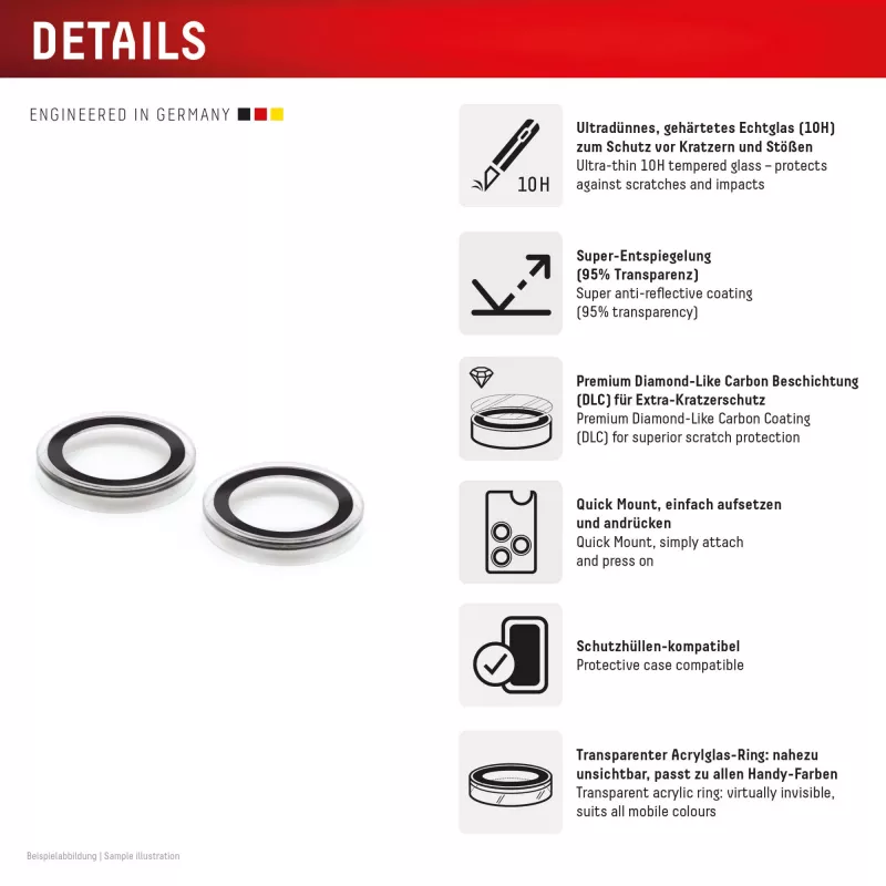 Displex Premium sklo na kameru, iPhone 16/16 Plus/17 sklo, 10H, Single Rings, DLC, transparentné, Quick Mount