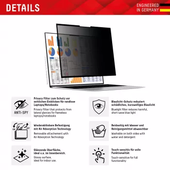 Displex PRIVACY SAFE vyberateľný 2-cestný privacy filter pre laptop/notebook (randlos/frameless) 15,6'' (16:9)