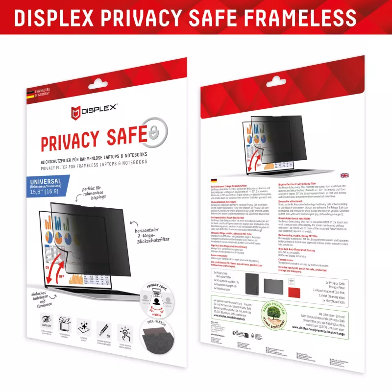 Displex PRIVACY SAFE vyberateľný 2-cestný privacy filter pre laptop/notebook (randlos/frameless) 15,6'' (16:9)
