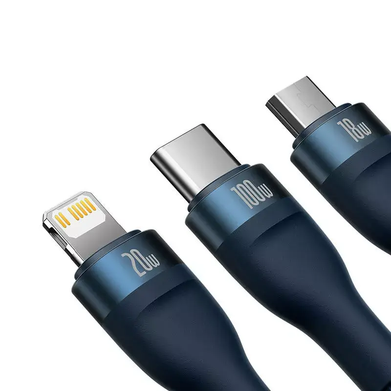 Baseus Flash Series 2 kábel USB 3 v 1, USB-C + Micro USB + Lightning, 100 W, 1,2 m, modrý