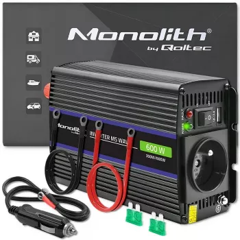 Menič napätia QOLTEC Monolith 600 MS Wave 12V na 230V 600W, čistá/sínusová alebo modifikovaná vlna podľa uvedenia