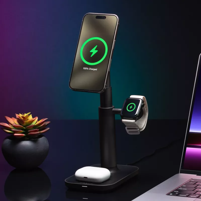 3-in-1 výsuvný stojan mophie MagSafe nabíjačka do interiéru USB smartfón smartwatch slúchadlá