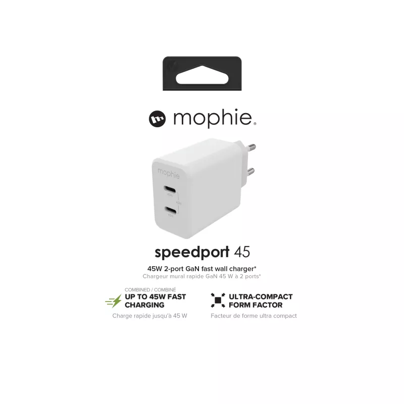 mophie príslušenstvo, sieťový adaptér – USB-C-PD-DUAL-45W-GAN – biely – EU (2x USB-C)